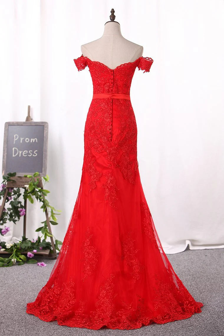 Red Mermaid Party Dresses Off The Shoulder Tulle With Applique Covered Button