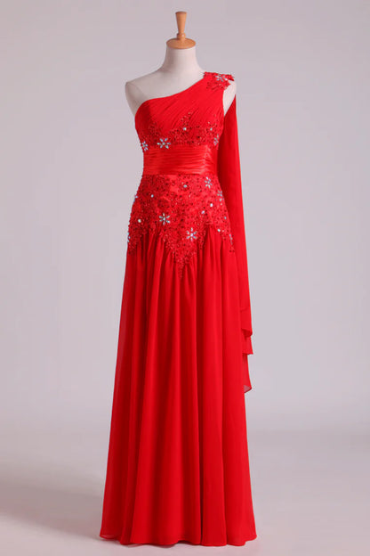 One Shoulder A Line Party Dresses With Applique & Ruffles Floor Length