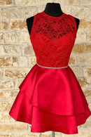 A-linec Satin And Lace Homecoming Dress With Belt