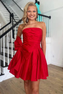 Red A Line Strapless Short Satin Homecoming Dress With Bow-knot