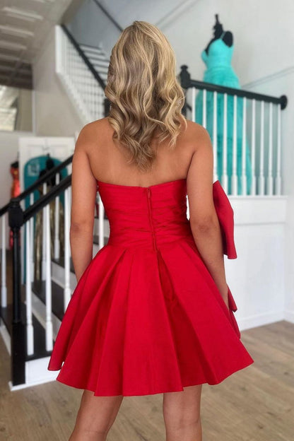 Red A Line Strapless Short Satin Homecoming Dress With Bow-knot