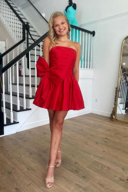 Red A Line Strapless Short Satin Homecoming Dress With Bow-knot