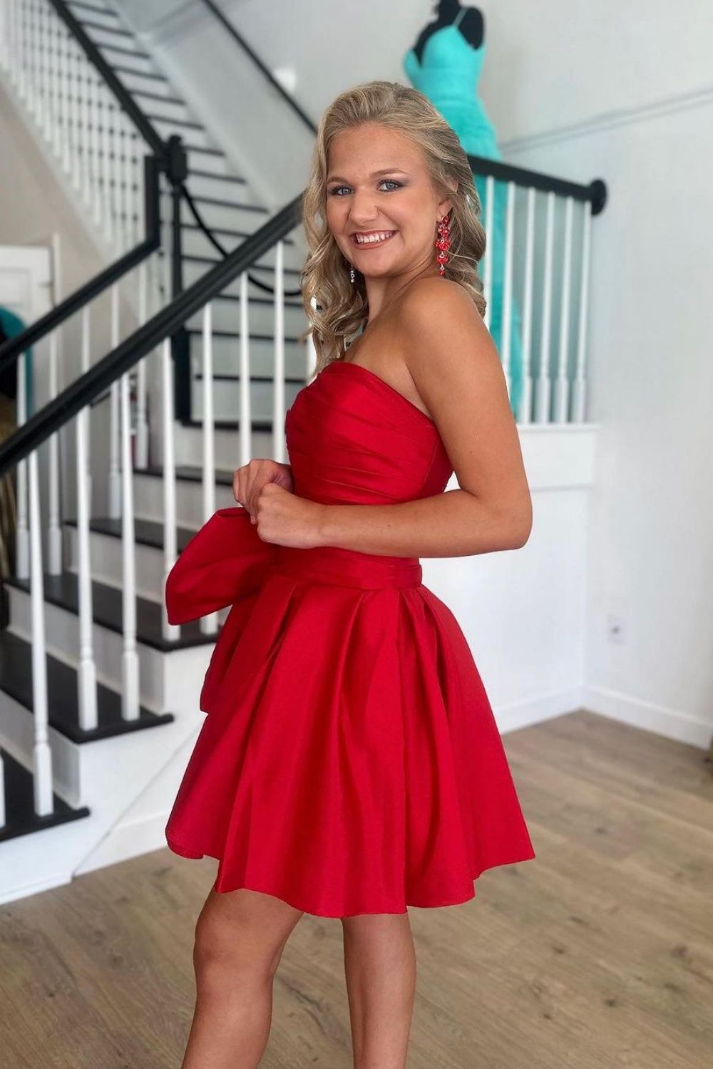 Red A Line Strapless Short Satin Homecoming Dress With Bow-knot