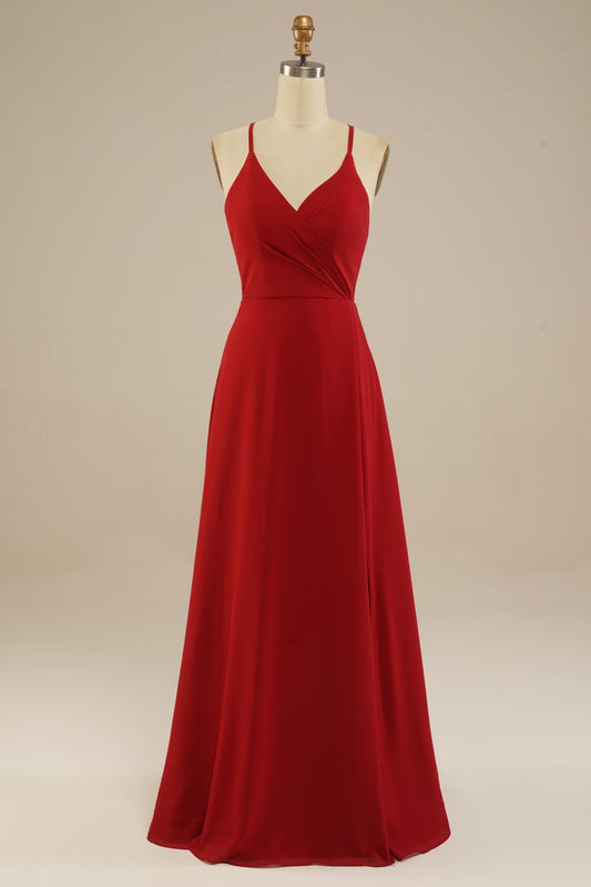 Red Floor Length Spaghetti Straps Chiffon Bridesmaid Dress