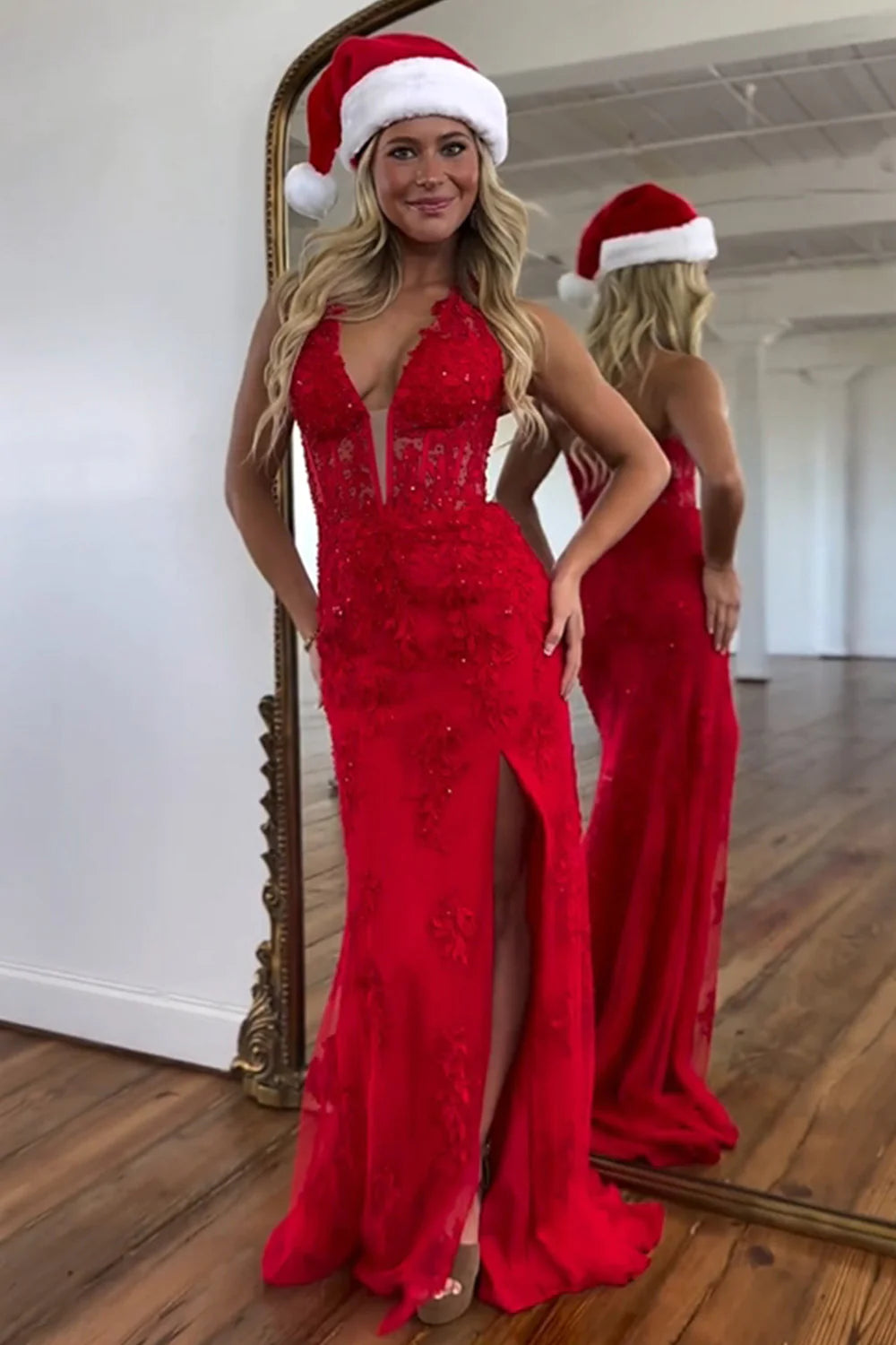 Stunning Mermaid Deep V-Neck Long Lace Prom Dress With Split