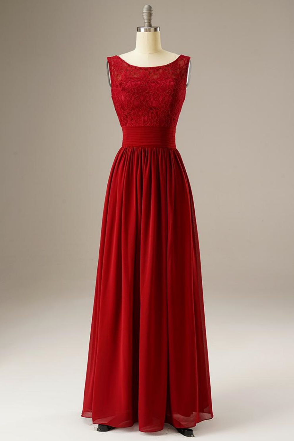 Red A Line Lace Top Chiffon Long Dress