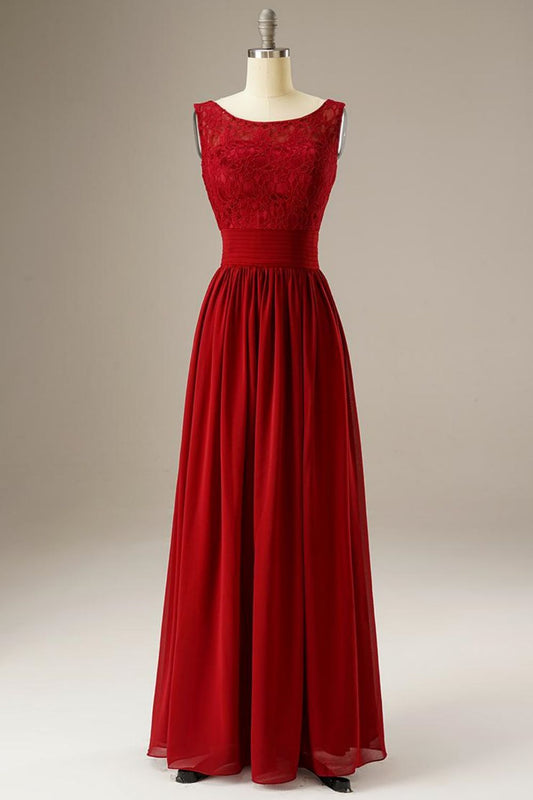 Red A Line Lace Top Chiffon Long Dress