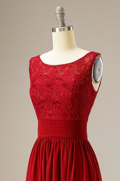 Red A Line Lace Top Chiffon Long Dress