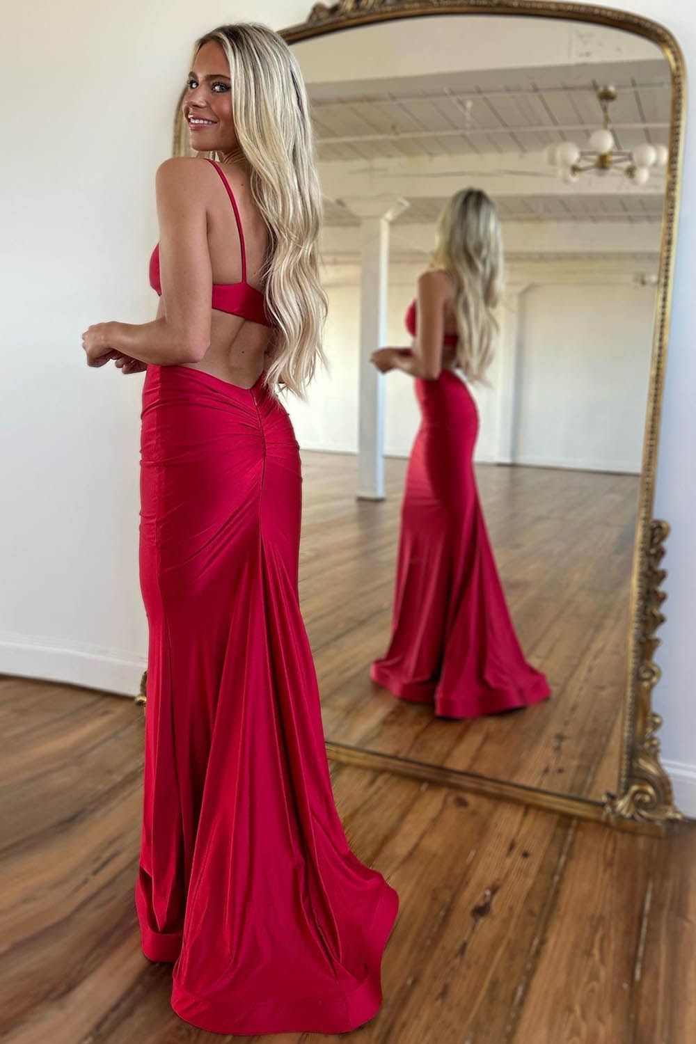 Stylish Mermaid Spaghetti Straps Long Red Satin Prom Dress