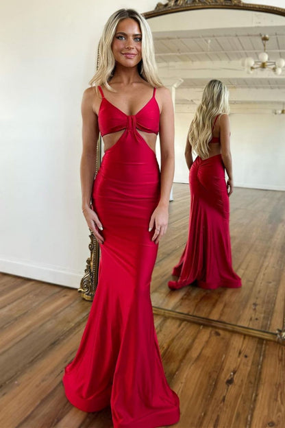 Stylish Mermaid Spaghetti Straps Long Red Satin Prom Dress