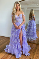 Stunning Glitter A-Line Off The Shoulder Long Tiered Prom Dress With Split