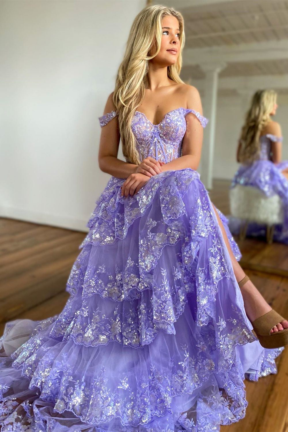 Stunning Glitter A-Line Off The Shoulder Long Tiered Prom Dress With Split