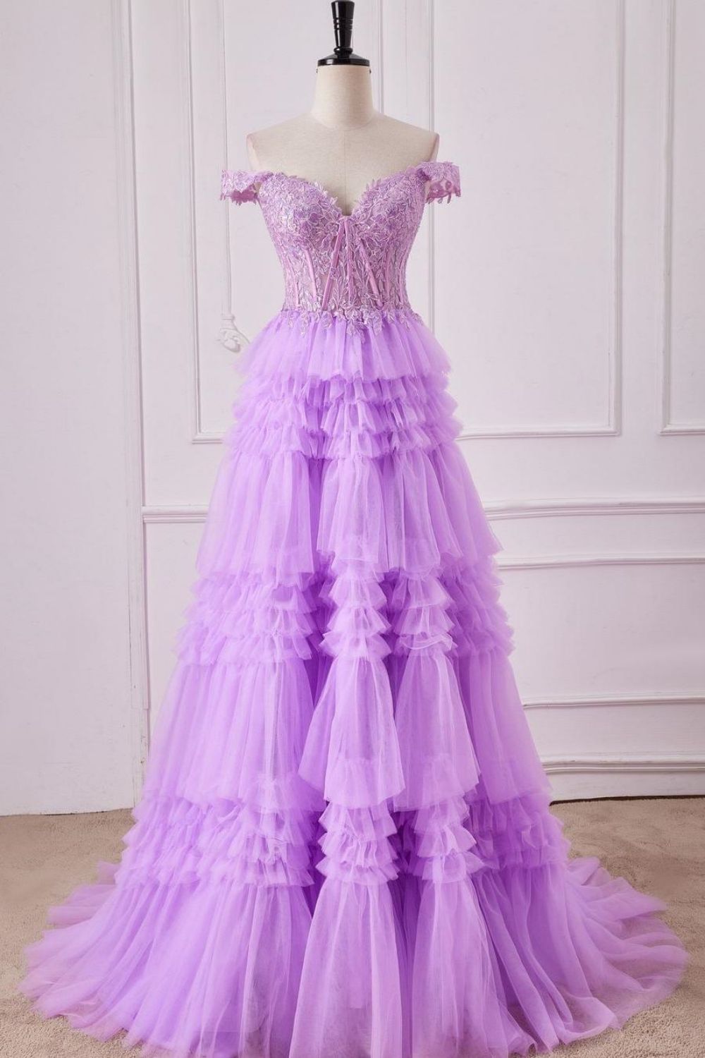 Romantic Purple A-Line Off The Shoulder Lace Top Long Tulle Prom Dress