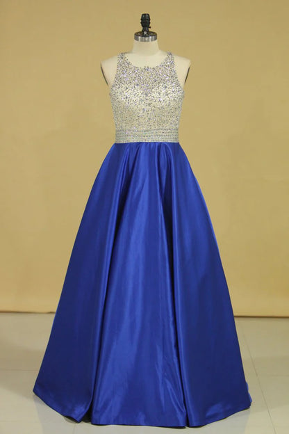 Royal Blue Scoop Open Back Beaded Bodice A Line Party Dresses Satin