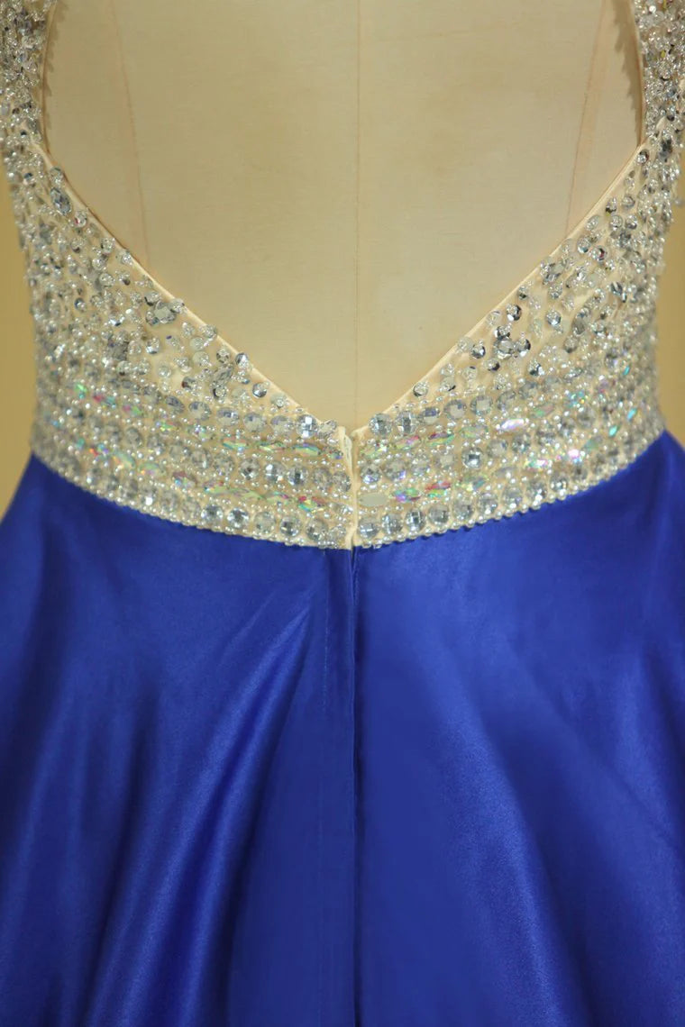 Royal Blue Scoop Open Back Beaded Bodice A Line Party Dresses Satin