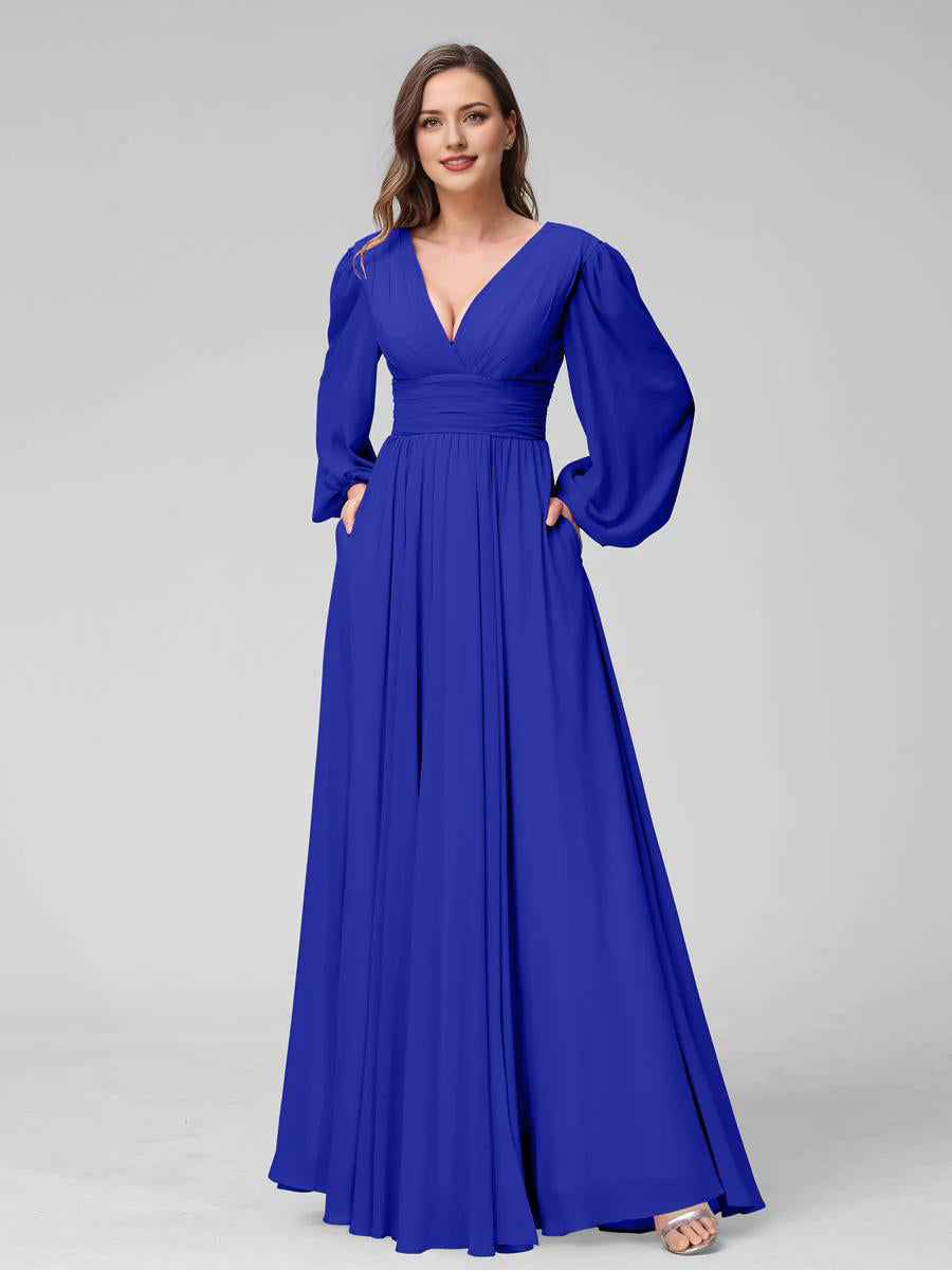 A-Line V-Neck Long Sleeves Long Chiffon Bridesmaid Dresses With Split