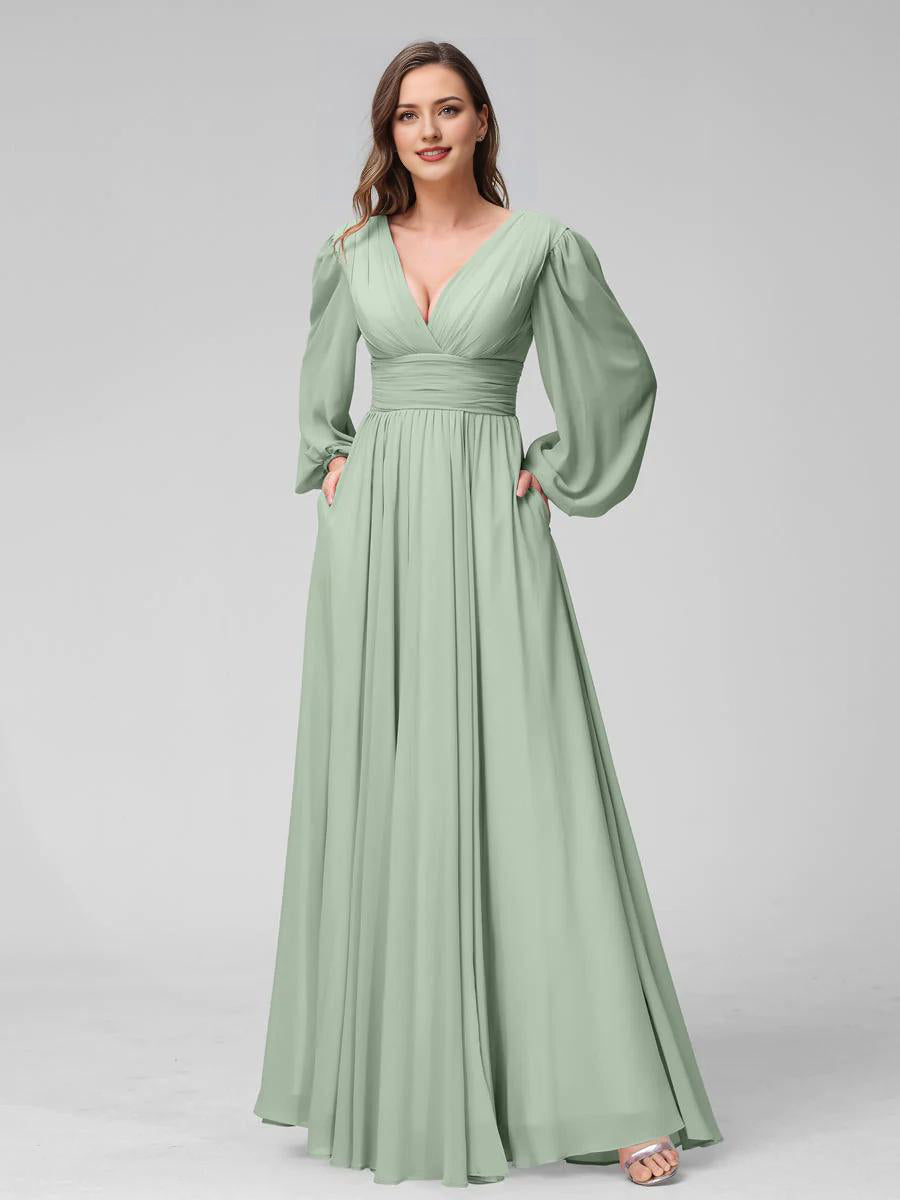 A-Line V-Neck Long Sleeves Long Chiffon Bridesmaid Dresses With Split