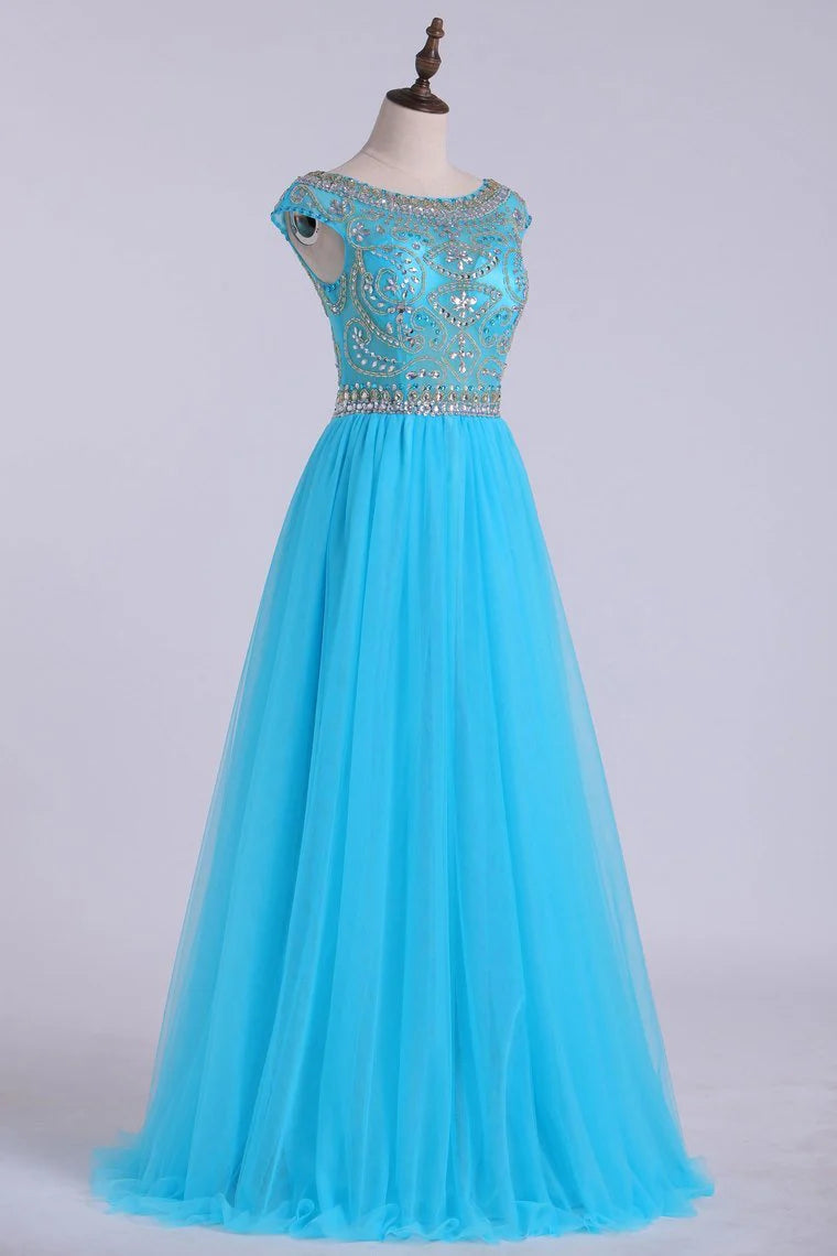 A-Line Party Dress Full Beaded Bodice Champagne Tulle Floor Length