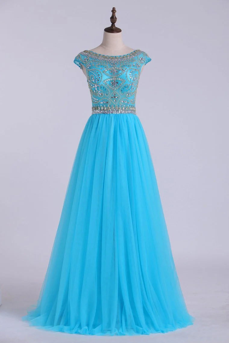 A-Line Party Dress Full Beaded Bodice Champagne Tulle Floor Length