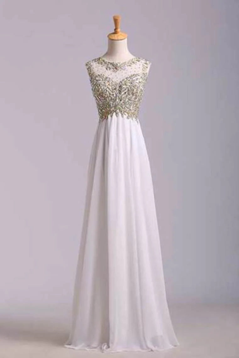 Scoop Neckline Off The Shoulder Party Dresses White Floor Length Chiffon With Gold Embroidery