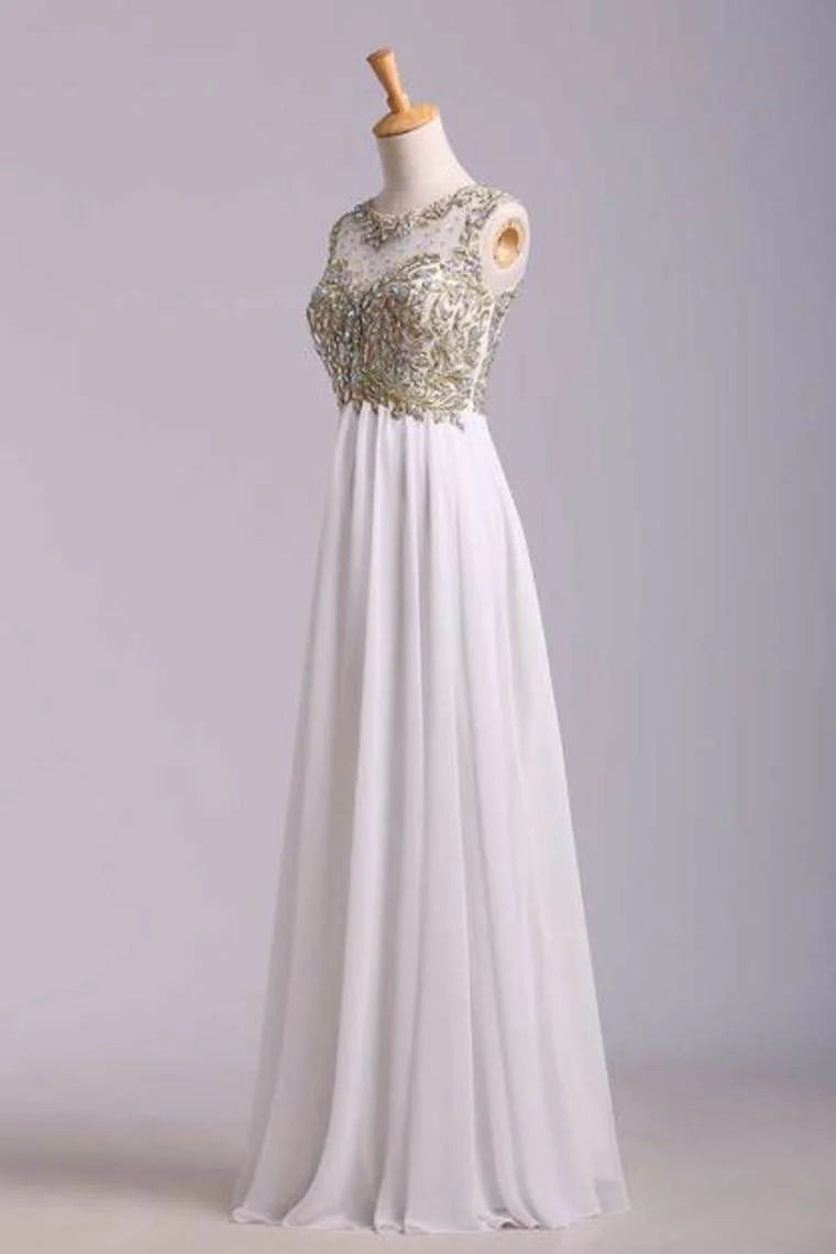 Scoop Neckline Off The Shoulder Party Dresses White Floor Length Chiffon With Gold Embroidery