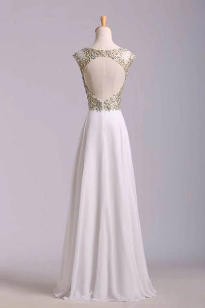 Scoop Neckline Off The Shoulder Party Dresses White Floor Length Chiffon With Gold Embroidery