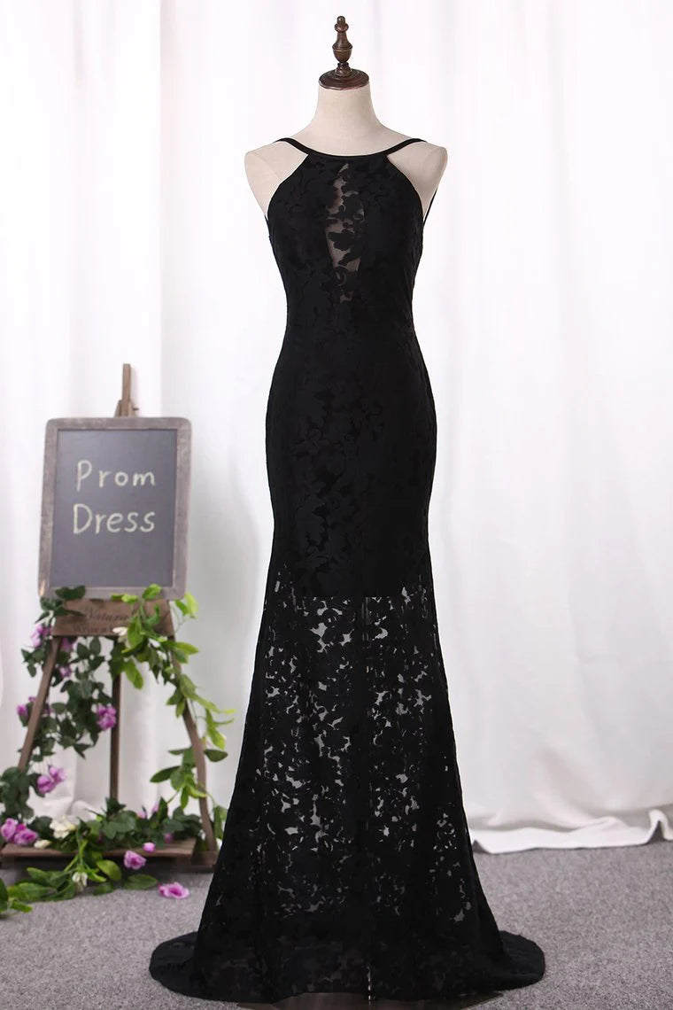 Sexy Sheath Black Party Dresses Spaghetti Straps Lace Sweep Train