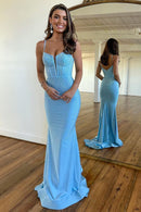 Glitter Light Blue Spaghetti Straps Zipper Back Long Beaded Prom Dress