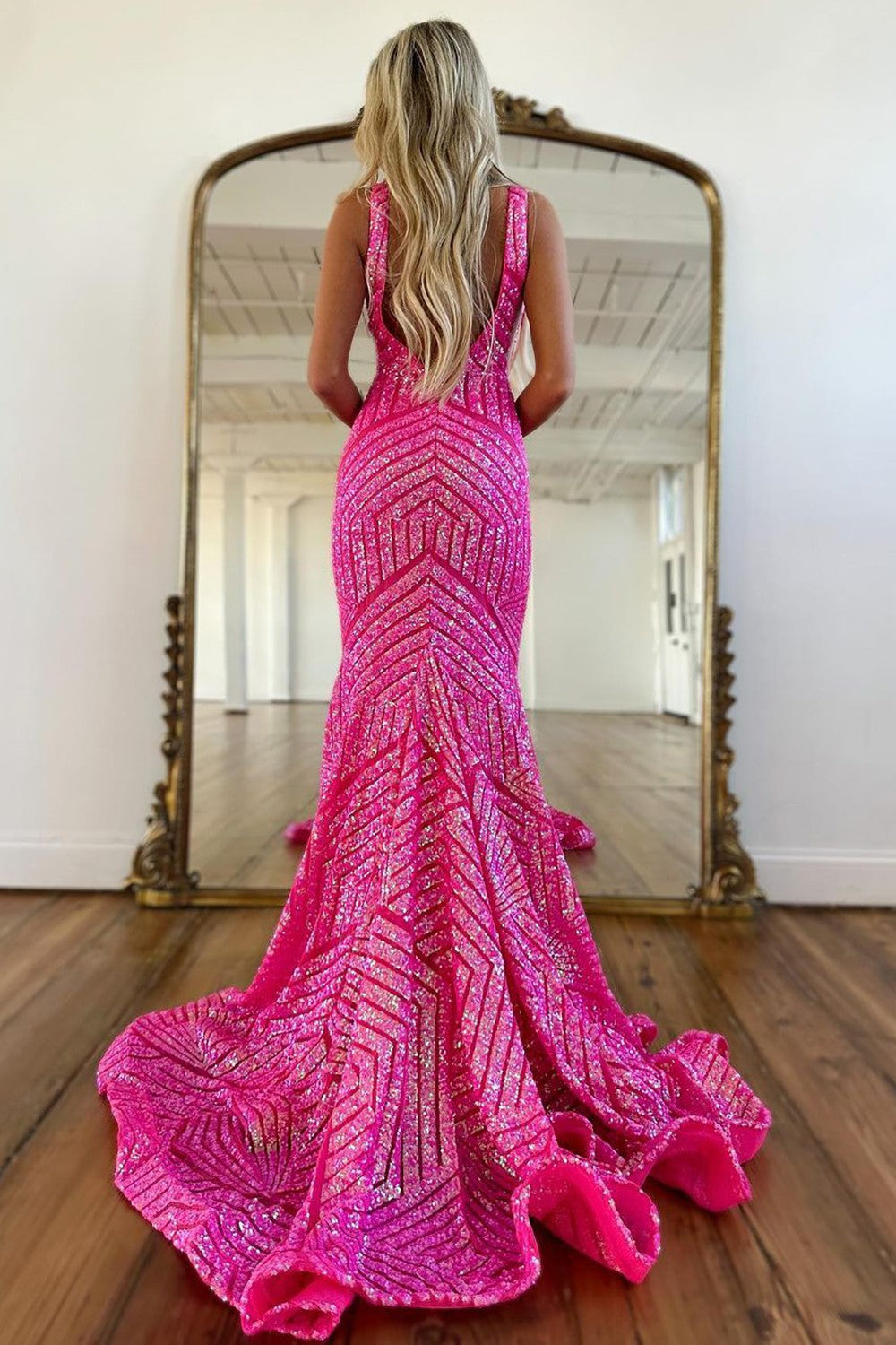 Sparkly Sequin Mermaid V-Neck Open Back Long Prom Dress – Buyishang Dresses