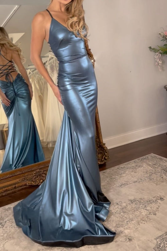 Sexy Steel Grey Mermaid Lace Up Back Long Prom Party Dress