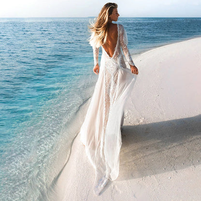 Sheath Mermaid Brush Train Long Sleeve Backless Lace Scoop Wedding Dress Gown