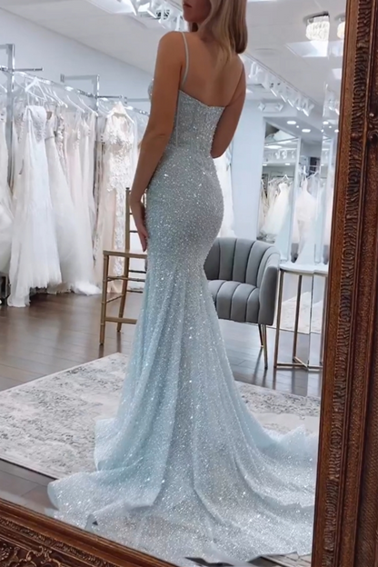 Shiny Light Blue Mermaid Spaghetti Straps Long Beaded Prom Dress