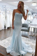 Shiny Light Blue Mermaid Spaghetti Straps Long Beaded Prom Dress