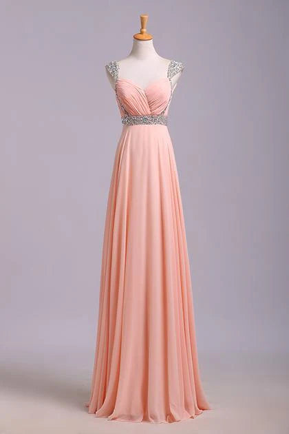 Party Dresses With Cap Sleeves A-Line V-Neck Floor-Length Chiffon Zipper Back