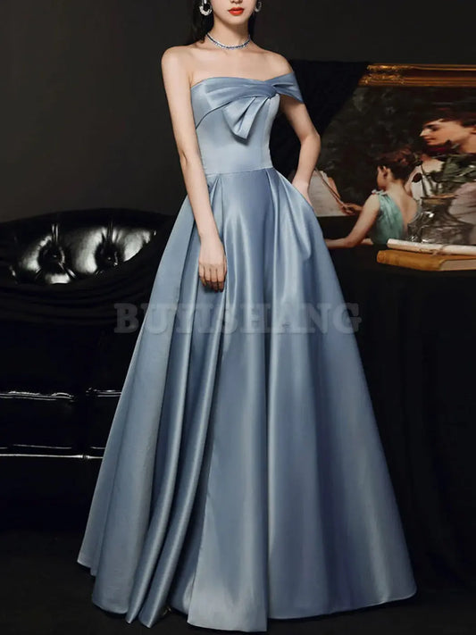 Buyishang Simple A Line Satin Gray Blue Long Prom Dress Gray Blue Long Bridesmaid Dress Bridesmaid dress shop ﻿