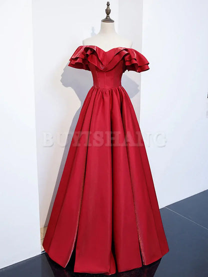 Buyishang Simple A line Satin Long Prom Dress Burgundy Bridesmaid Dresses Bridesmaid dress shop