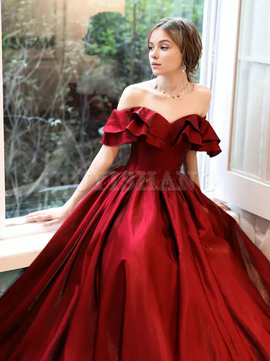 Buyishang Simple A line Satin Long Prom Dress Burgundy Bridesmaid Dresses Bridesmaid dress shop