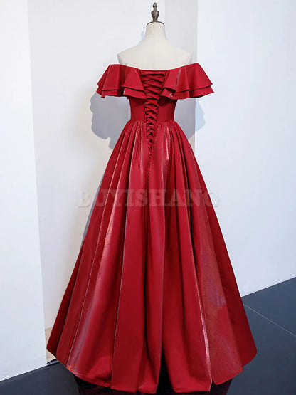 Buyishang Simple A line Satin Long Prom Dress Burgundy Bridesmaid Dresses Bridesmaid dress shop