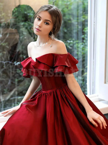 Buyishang Simple A line Satin Long Prom Dress Burgundy Bridesmaid Dresses Bridesmaid dress shop