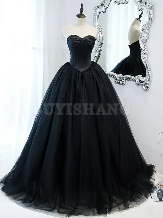 Buyishang Simple Black Sweetheart Neck Tulle Long Prom Dress Black Evening Dresses prom dresses shops ﻿