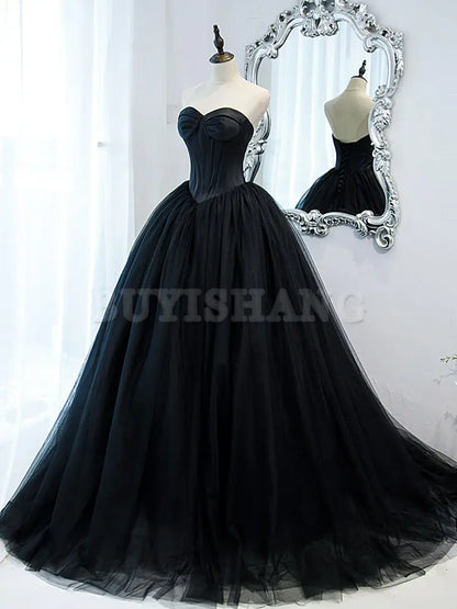 Buyishang Simple Black Sweetheart Neck Tulle Long Prom Dress Black Evening Dresses prom dresses shops ﻿