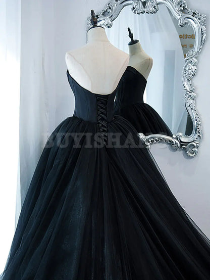 Buyishang Simple Black Sweetheart Neck Tulle Long Prom Dress Black Evening Dresses prom dresses shops ﻿