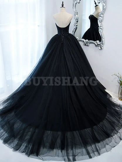 Buyishang Simple Black Sweetheart Neck Tulle Long Prom Dress Black Evening Dresses prom dresses shops ﻿