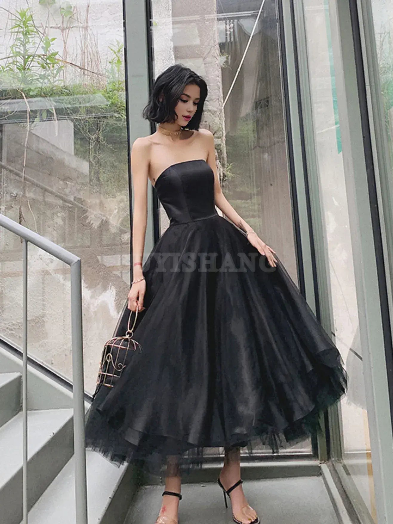 Buyishang Simple Black Tulle Tea Length Prom Dress Tulle Homecoming Dresses prom dresses shops