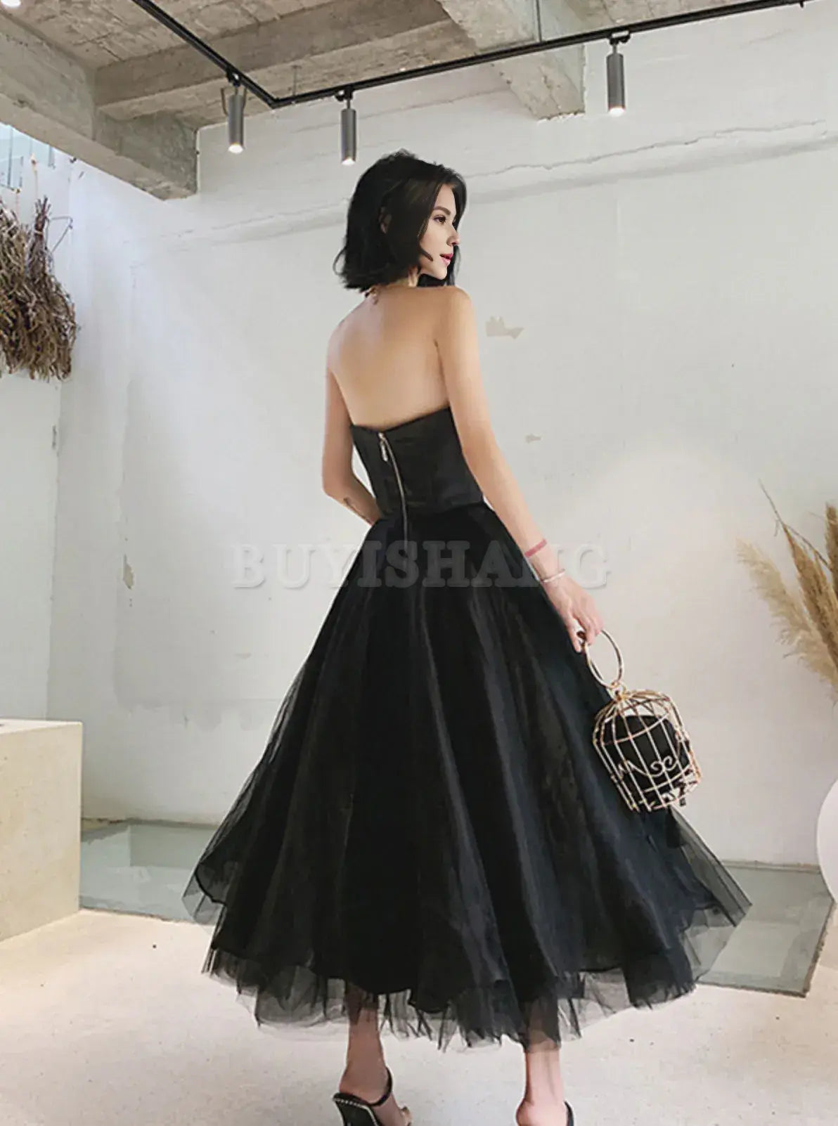 Buyishang Simple Black Tulle Tea Length Prom Dress Tulle Homecoming Dresses prom dresses shops