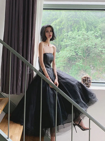 Buyishang Simple Black Tulle Tea Length Prom Dress Tulle Homecoming Dresses prom dresses shops