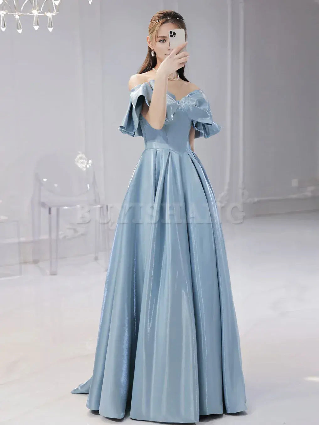 Buyishang Simple Blue Satin Long Prom Dress Blue Formal Graduation Dresses prom dresses shops