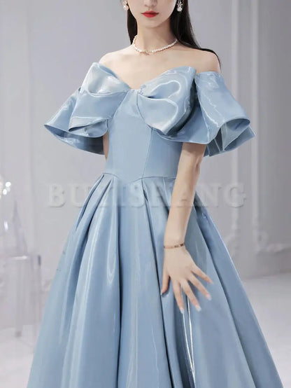 Buyishang Simple Blue Satin Long Prom Dress Blue Formal Graduation Dresses prom dresses shops