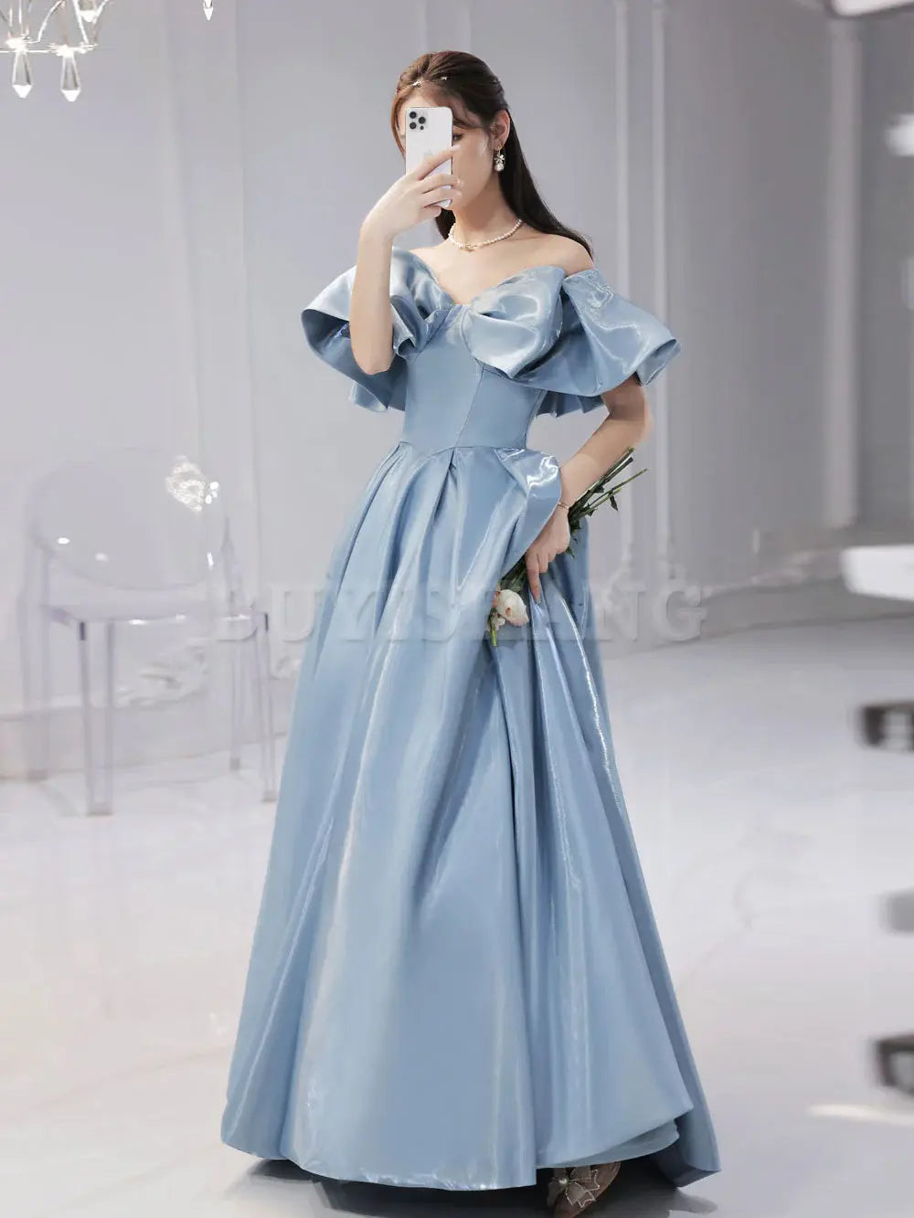 Buyishang Simple Blue Satin Long Prom Dress Blue Formal Graduation Dresses prom dresses shops