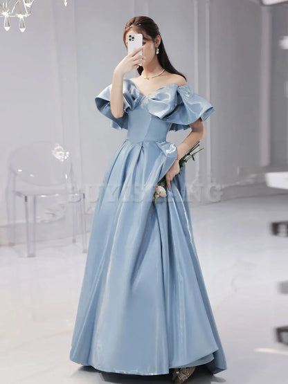 Buyishang Simple Blue Satin Long Prom Dress Blue Formal Graduation Dresses prom dresses shops